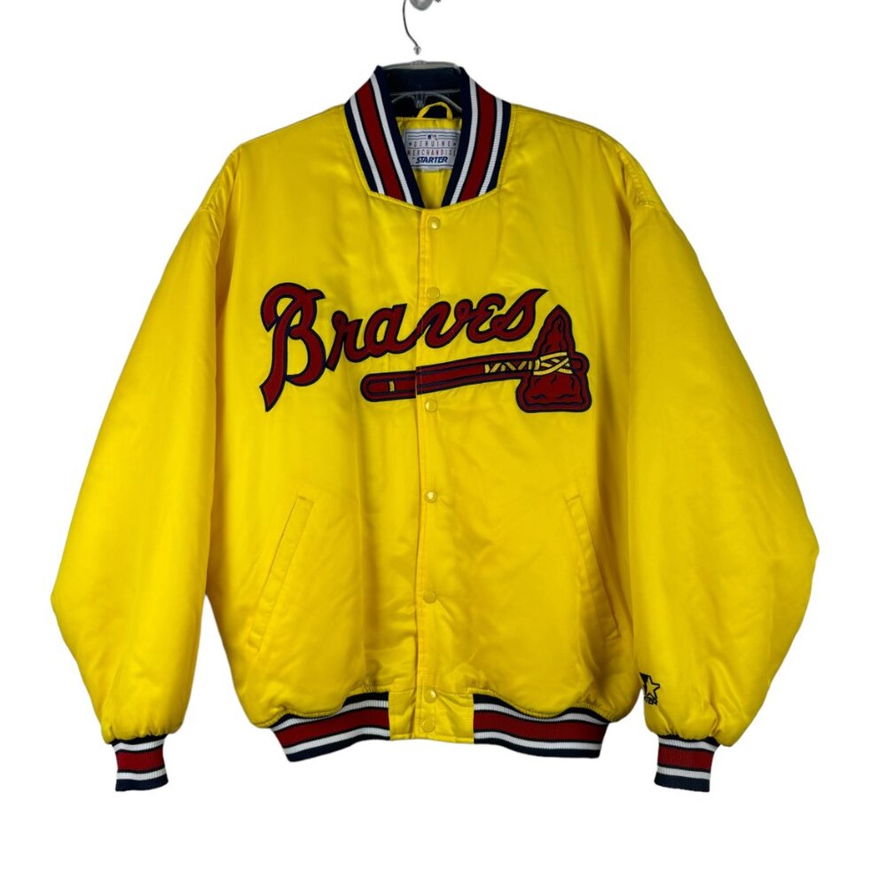 Men’s Braves Starter Jacket – Yellow Satin, Size 2XL, Vintage MLB Fanwear